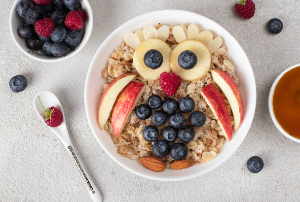 子供のための陽気な朝食-ブルーベリー、ラズベリー、リンゴ、蜂蜜、アーモンドと形のフクロウの甘いオートミール - 写真・画像