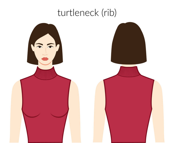 Rib neckline turtleneck clothes knits, sweaters character in burgundy top, shirt, dress technical fashion illustration fitted body. Flat apparel template front, back sides. Women men unisex CAD mockup - Vector, Image