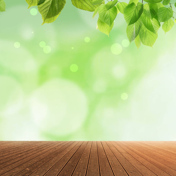 Empty wooden surface and beautiful green leaves on blurred background. Bokeh effect - Photo, image