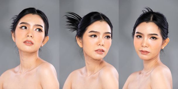 Ritratto Viso girato Bella giovane donna asiatica con cosmetici di moda compongono la pelle pulita su sfondo grigio isolato. Cura del viso, eleganza Cosmetologia, bellezza amore femminile - Foto, immagini