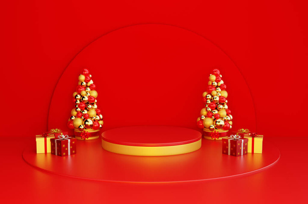 装飾付きクリスマスコンセプトで現代の表彰台の3Dレンダリング - 写真・画像