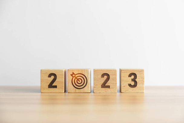 2023 block with dartboard icon. Goal, Target, Resolution, strategy, plan, Action, mission, motivation, and New Year start concepts - Photo, Image
