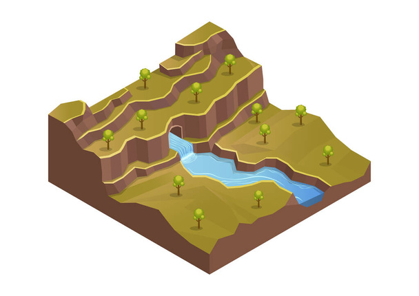 montaña isométrica con río y árboles - Vector, imagen