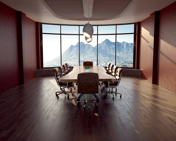 El interior de la mesa de la sala de juntas rodeada por las sillas de cuero en la oficina de la ciudad a la luz del día - 3D render - Foto, imagen