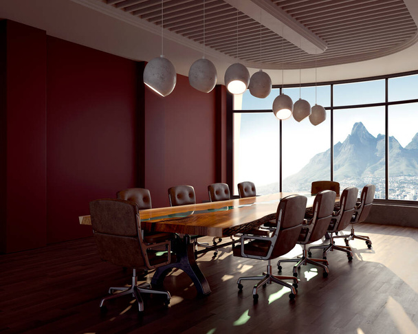 Интерьер стола в зале заседаний, окруженный кожаными стульями в городском офисе при дневном свете - 3D рендеринг - Фото, изображение