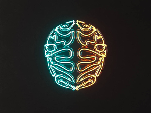 Un cerebro estilizado de vidrio iluminado por tubos florescentes de neón de diferentes colores sobre un fondo oscuro aislado - 3D render - Foto, imagen