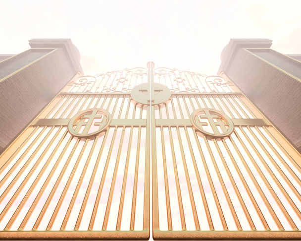 Un concepto que representa las puertas perladas majestuosas doradas cerradas del cielo retroiluminadas por una luz etérea - 3D render - Foto, imagen