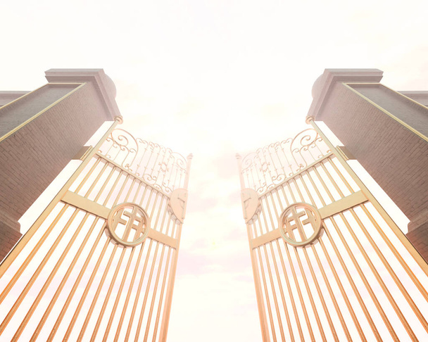 Концепция, изображающая открытые золотые величественные жемчужные врата рая, подсвеченные неземным светом - 3D рендеринг - Фото, изображение