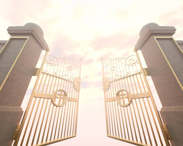 Un concepto que representa las puertas de perlas majestuosas doradas abiertas del cielo retroiluminadas por una luz etérea - 3D render - Foto, Imagen