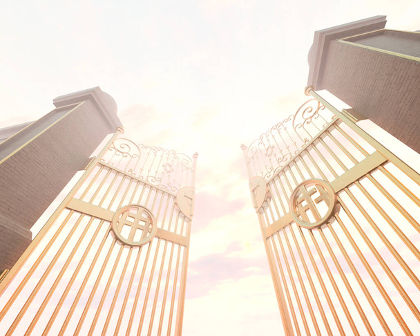 Μια ιδέα που απεικονίζει τις ανοιχτές χρυσές μεγαλοπρεπείς μαργαριταρένιες πύλες του ουρανού φωτισμένες από ένα αιθέριο φως - 3D render - Φωτογραφία, εικόνα