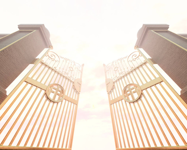 Een concept dat de open gouden majestueuze parelpoorten van de hemel voorstelt, verlicht door een etherisch licht - 3D render - Foto, afbeelding