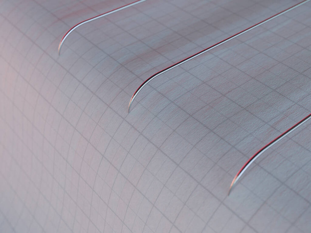 地震活動と地震活動を描いたグラフペーパー上の地震計針の閉鎖 – 3Dレンダリング - 写真・画像