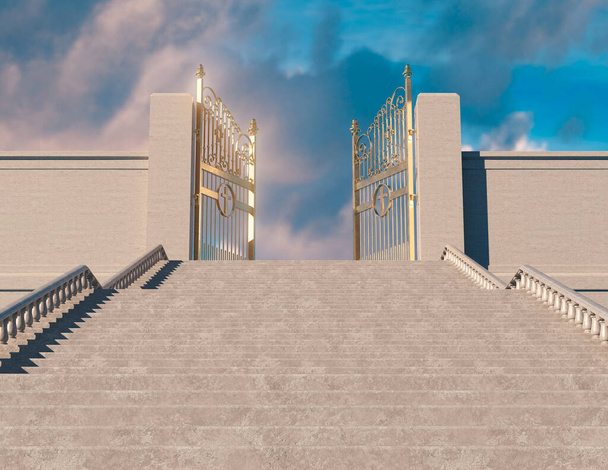 Um conceito que retrata uma enorme escadaria que leva até os majestosos portões perolados abertos do céu rodeado por um fundo azul céu renderizar 3D - Foto, Imagem