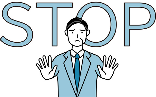 Simple line drawing illustration of a Senior businessmen, executives, managers and presidents with his hand out in front of his body,signaling a stop. - Vetor, Imagem
