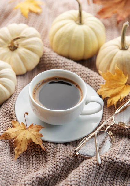 Citrouilles blanches, café et feuilles d'automne sur un pull tricoté gris. Décor d'automne à la maison. - Photo, image