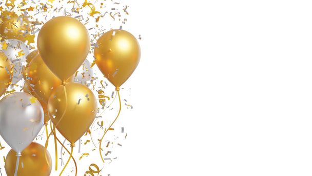 Gouden en zilveren ballonnen met folie confetti vallen op witte achtergrond 3d renderen - Foto, afbeelding