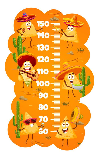 Kids height chart ruler with funny cartoon Mexican nachos chips, vector growth meter. Kids height scale or tall chart with nachos ships in sombrero and poncho with guitar, maracas and guacamole - Vector, Image
