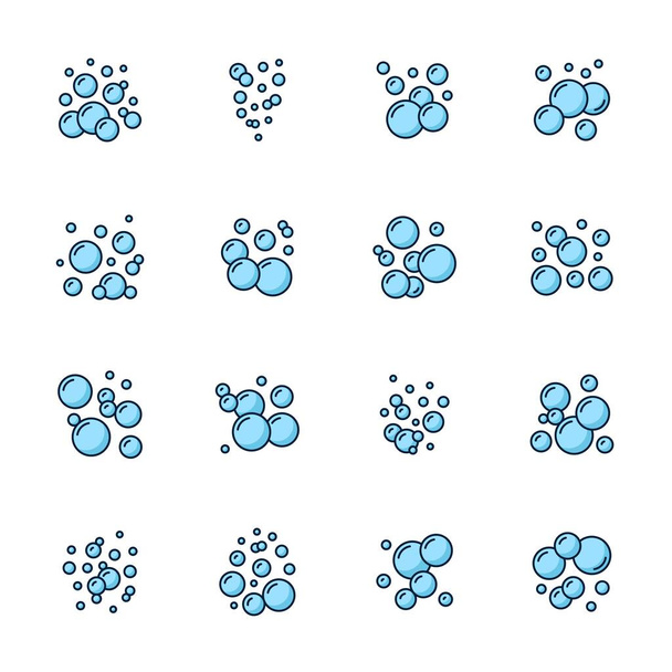 Jabón o espuma iconos de color burbuja. Cuarto de baño jabón suds esbozar símbolos o icono, espuma de mar fizz línea vector signos o pictogramas. Bebida gaseosa carbonatada, bebida efervescente burbujas azules, oxígeno del acuario - Vector, Imagen