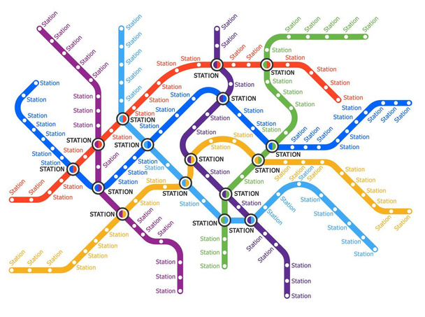 Metro, ondergrondse, metro transport kaart. Metropolis metrosysteem, stad metrolijnen vectorplan. Stedelijk vervoer, spoorwegennet of reizigersvervoer, bus- of tramstations - Vector, afbeelding