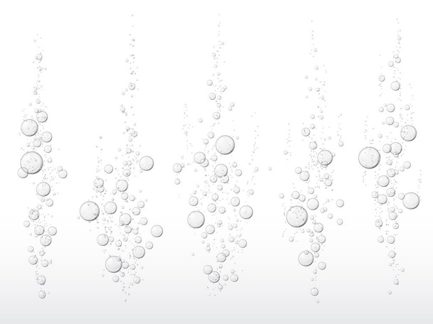 Fizz, bolhas subaquáticas. Mergulho subaquático oxigênio brilhos realistas, bebida solúvel, carbonatada ou bebida efervescente gás 3d vetor fizz. Bolhas de ar de aquário fundo branco - Vetor, Imagem