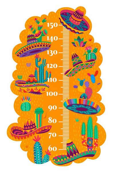 Kinderhöhentabelle mit mexikanischem Sombrero und Kakteen. Das Wachstum von Kindergartenkindern misst Meter oder Körpergröße. Vorschulkinder Wachstumstabelle Vektor-Aufkleber mit bunten mexikanischen Sombrero - Vektor, Bild
