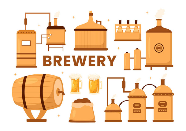 Processo di produzione della birreria con serbatoio di birra e bottiglia piena di bevande alcoliche per la fermentazione in modelli di disegni a mano a cartone animato piatto Illustrazione - Vettoriali, immagini