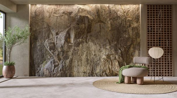 Natural Mountain Rock Wall in modern living room interior, 3d render - Valokuva, kuva