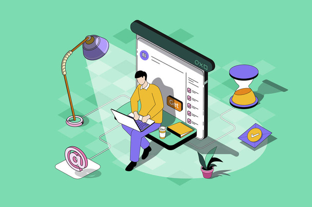 Freelance work web concept in 3d isometric design. Man working on laptop and making tasks remotely, connecting with colleagues online from home. Web illustration with people isometry scene - Photo, Image