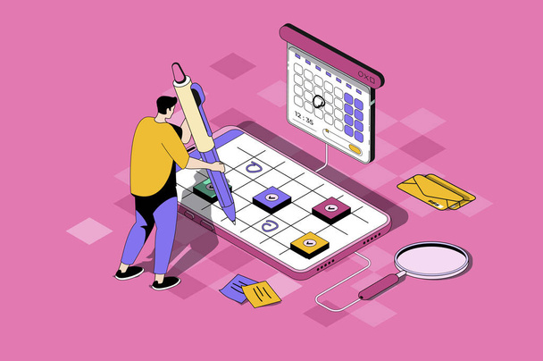 Mobile organizer web concept in 3d isometric design. Man marks meetings in calendar, writes notes and sets reminders, plans time and tasks in app. Web illustration with people isometry scene - Photo, Image