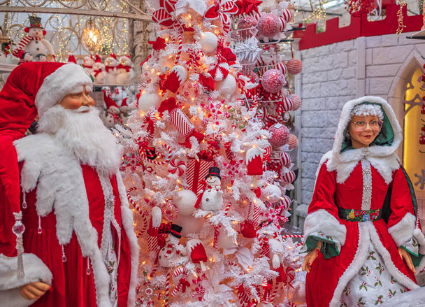 Frau Weihnachtsmann und ihr Mann Weihnachtsmann begrüßen die Gäste im Eingangsbereich eines Hauses. Lächelnder Weihnachtsmann und Frau Weihnachtsmann. Weihnachts- und Neujahrskonzept - Foto, Bild