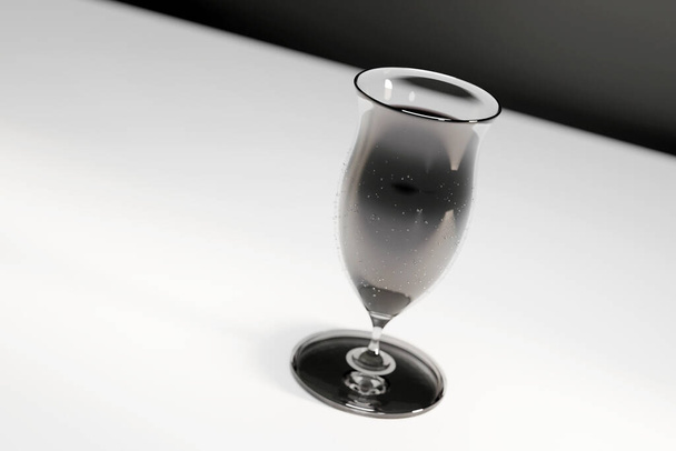 Cáliz de vidrio sobre fondo blanco y negro de alto contraste. Líquido negro en un vaso alto con algo de condensación. - Foto, imagen