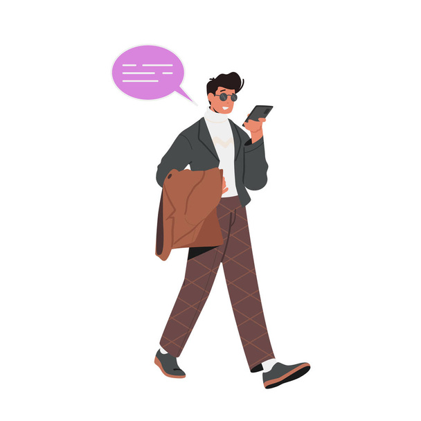 Modern tinédzser diák férfi karakter Keresi a képernyőn Smartphone Olvassa el vagy küldjön audio üzenetek mobiltelefon az interneten. Szerkentyű, mobilkommunikációs koncepció. Rajzfilm vektor illusztráció - Vektor, kép