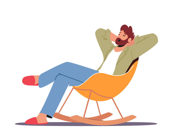 Розслаблений чоловічий персонаж в домашньому одязі та тапочках сидячи в зручному кріслі, чоловік відпочиває вдома після роботи або на вихідних. Розслабляючий час. Мультфільм Люди Векторні ілюстрації
 - Вектор, зображення