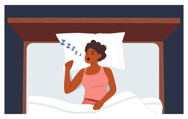 Апноэ сна, храп, концепция быстрого сна. Молодая женщина лежит в постели громко храпит с открытым ртом во время глубокого сна. Женщина, которая ловит Ззз во время ночного сна. Векторная миграция - Вектор,изображение