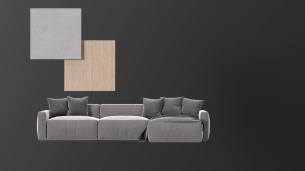 Moodboard de diseño interior con muebles modernos de sala de estar, accesorios para el hogar, materiales. Tienda de muebles, detalles interiores. Proyecto interior. Estilo contemporáneo, tablero del humor, collage. renderizado 3d - Metraje, vídeo