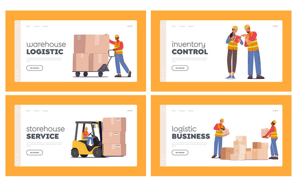 Industrial Warehouse Logistics and Merchandising Landing Page Template Set. Worker Characters Loading and Stacking Boxes with Forklift Truck. Cargo Storage and Shipping. Cartoon Vector Illustration - Vector, Image