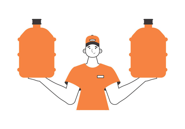 Water delivery concept. A man holds a bottle of water in his hands. Lineart style. - Vector, Image