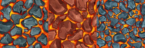 Лава, магма с камнями в карикатурном стиле на безморщинистом фоне. Эффект извержения, пейзаж. Текстура, дизайн. Векторная иллюстрация - Вектор,изображение