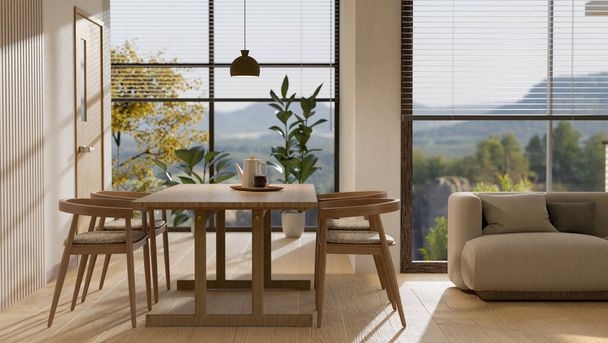 Мінімальний дерев'яний обідній стіл зі зручним диваном, домашнім декором і дивовижним скляним вікном на фоні. вітальня з дизайном інтер'єру їдальні. 3d рендеринг, 3d ілюстрація
 - Фото, зображення