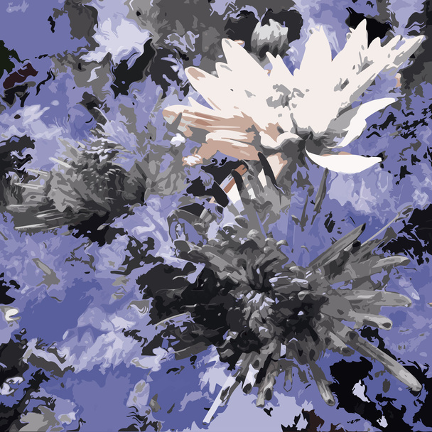Sketching floral grunge stained troubled background with chrysanthemums in black,white,blue colors - Vector, Image