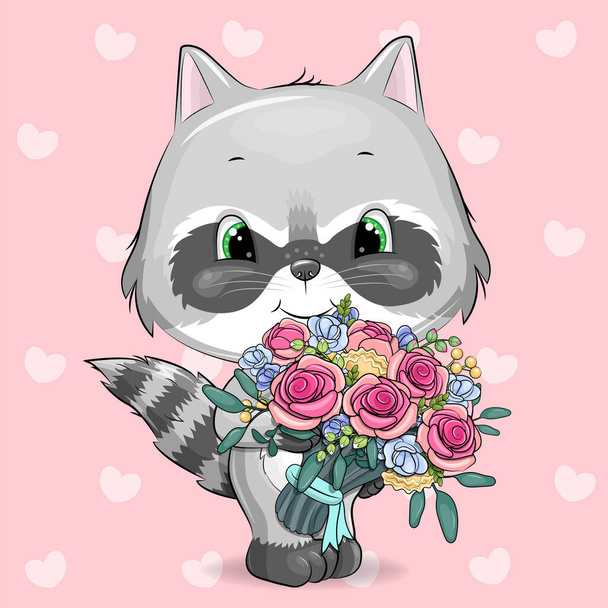 Bonito mapache de dibujos animados sosteniendo un ramo de flores. Ilustración vectorial de un animal gris sobre un fondo rosa con corazones. - Vector, imagen