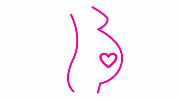 Animado rosa linear grávida com coração de bebê. Looped vídeo of heartbeating. Conceito de gravidez, maternidade. Ilustração vetorial isolada no fundo branco. - Filmagem, Vídeo