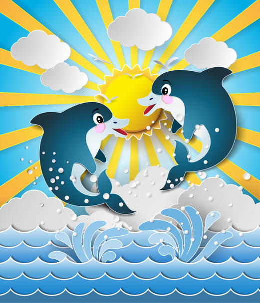 Иллюстрация дельфинов в море на закате
 - Вектор,изображение