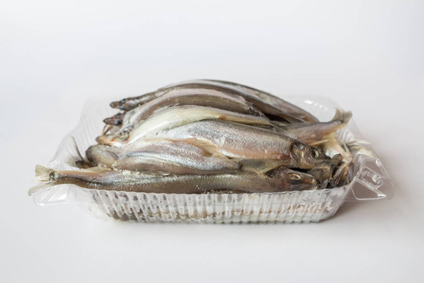 Poisson capelan dans un bac en plastique sur fond blanc. Petit poisson sur blanc - Photo, image