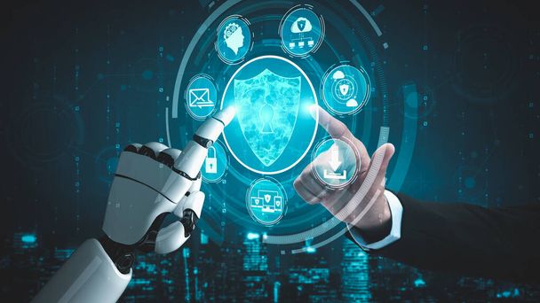 未来型ロボット人工知能は、 AI技術開発と機械学習の概念を啓発します。人間の未来のための世界的なロボット生物科学研究。3Dレンダリンググラフィック. - 写真・画像