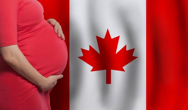 Zwangere vrouw buik op Canadese vlag achtergrond - Foto, afbeelding