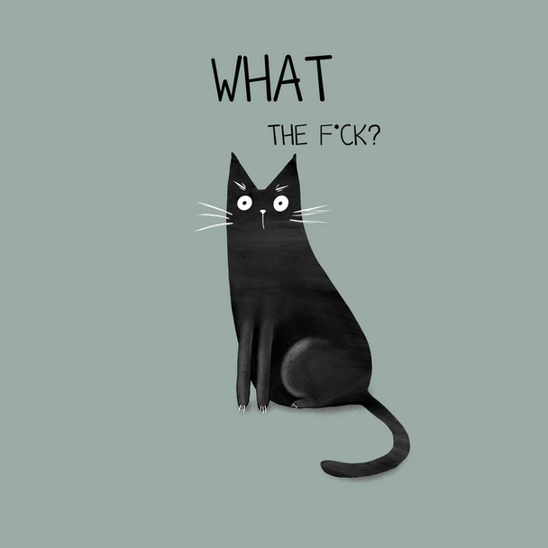 Cartoon funny black cat and the inscription "What the fuck". Digital hand drawn illustration - Foto, Imagen