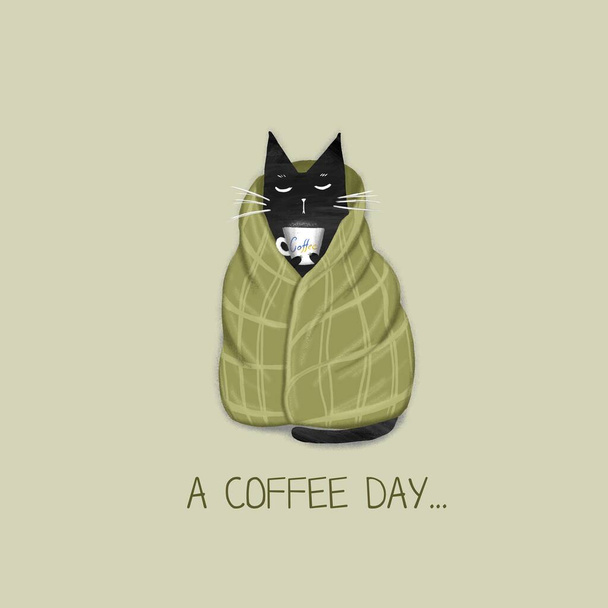 Cartoon lustige schwarze Katze und die Aufschrift "Ein Kaffeetag". Digitale handgezeichnete Illustration - Foto, Bild