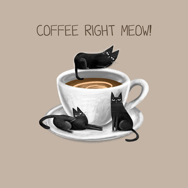 Dibujos animados divertido gato negro y la inscripción "Café derecho maullido". ilustración dibujada a mano digital - Foto, imagen