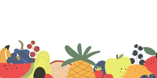 Healthy food concept. Colorful web banner with cute fruits and empty space. Colorful big collection with raw fruits. Flat vector illustration.  - Вектор,изображение
